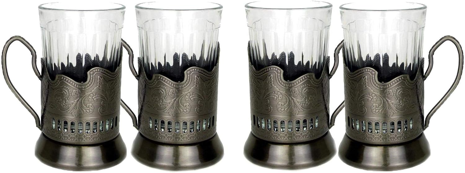 Neman 7 Oz Crystal Granyoniy Tea Glass with Podstakannik, Hot/Cold Beverage Glass with Metal Holder (1)