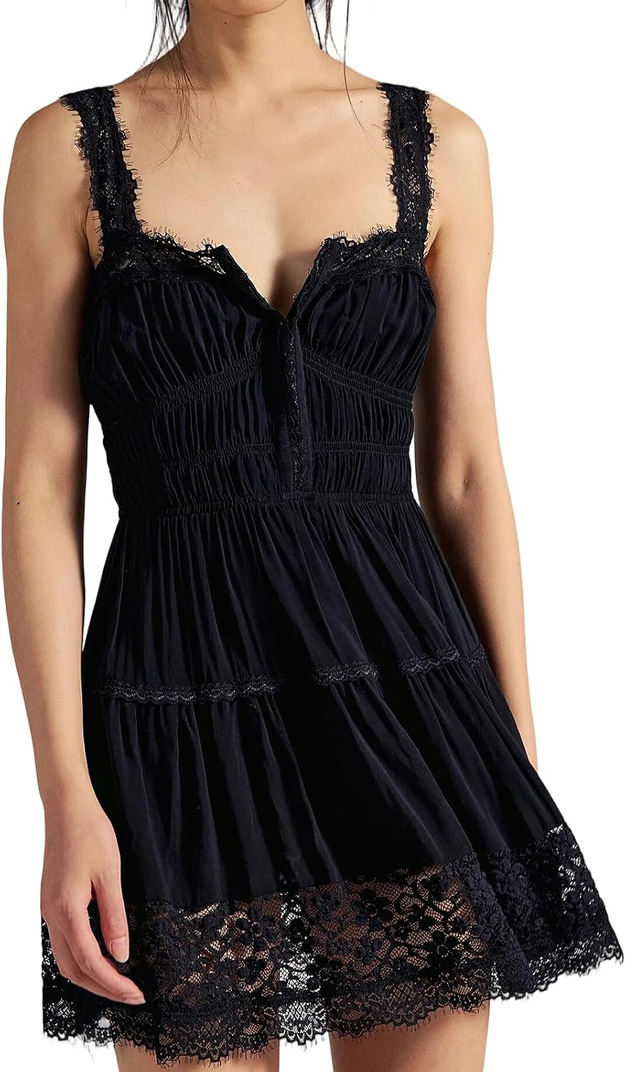 Women Lace Trim Tiered Mini Dress Spaghetti Strap Smocked Bustier V-Neck Flowy A-Line Babydoll Party Cocktail Dress
