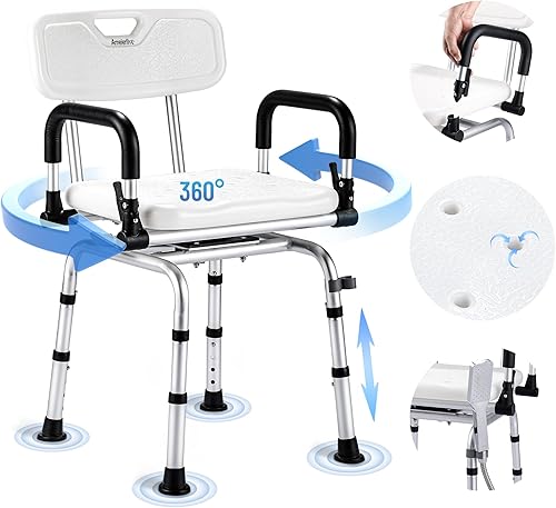 Ameierlive - Silla de ducha con reposabrazos y respaldo para ducha interior, asientos de baño con rotación de 360 para ancianos, discapacitados,