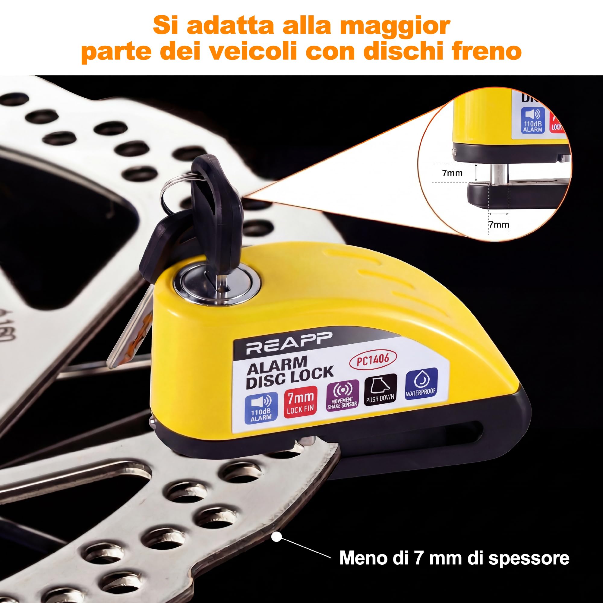 REAPP Bloccadisco Moto Lucchetto Moto Antifurto con Allarme Sonoro 110DB, Blocca disco Protezione Antifurto per Bici Motorino Moped Motocross, Accessori con 2 chiavi und 1.5m Reminder