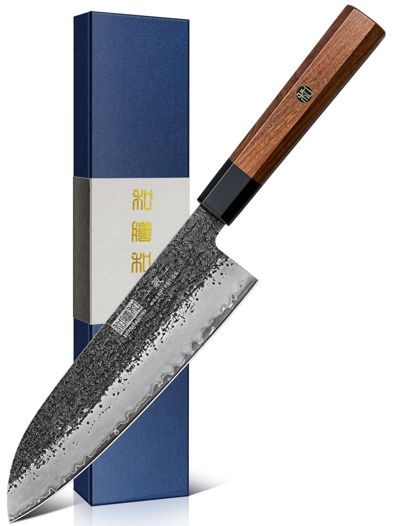 HOSHANHO Santoku Knife 18 cm, Japanese Hand Forged Chefs Knife, Ultrasound Carbon Steel Kitchen Knife with Octagonal Rosewood Handle