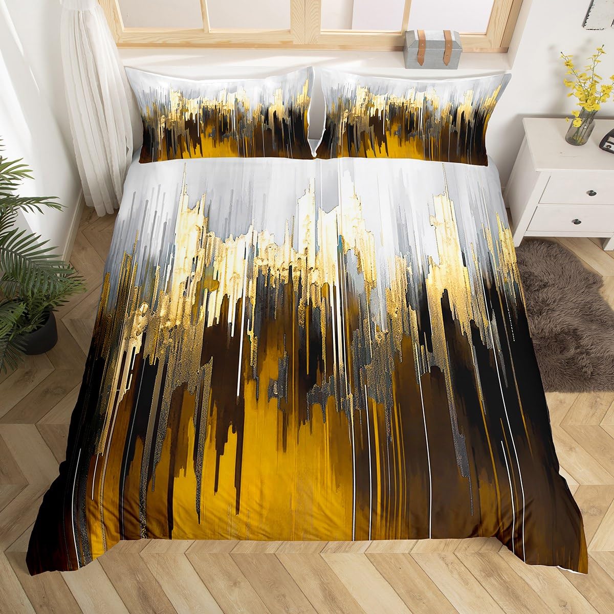Homewish Abstract Graffiti Comforter Cover Brown Yellow Bed Set for Adults, Oil Painting Gradient Duvet Cover Modern Artwork Bedding Set Double, Ombre Brush Strokes Bedspread Cover (Zipper Closure)