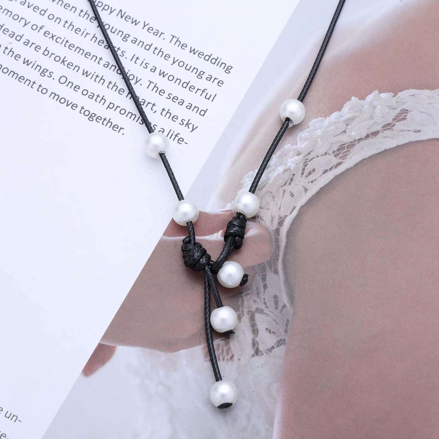 Vintage Black Leather Pearl Choker Necklace Leather Y Lariat Necklace Pearl Tassel Drop Necklace Vegan Leather Necklace Jewelry for Women - Image 4