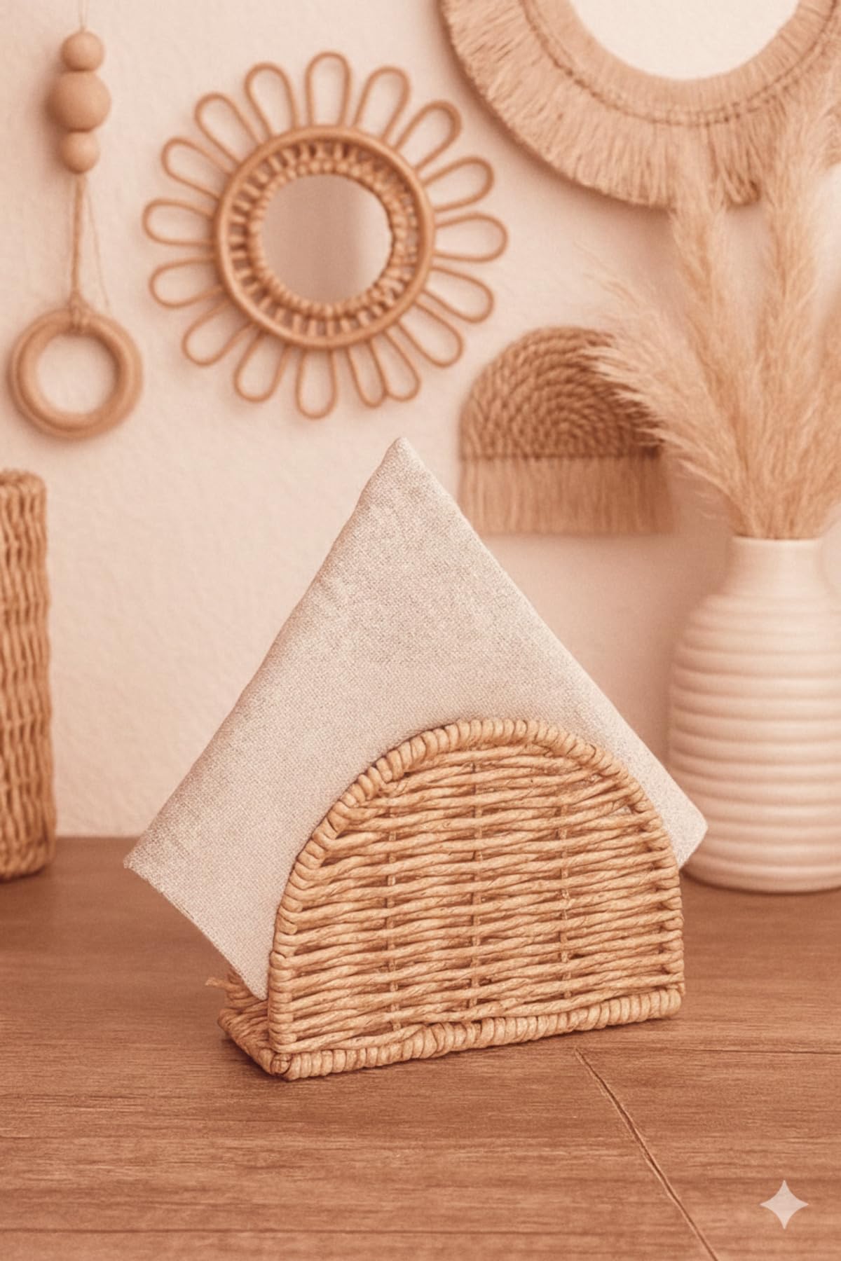 DUFFA Boho El Yapımı Rattan Peçetelik - Masa Üstü ve Mutfak için Doğal Hasır Peçete Tutucu, Bohem Ev Dekoru, Yarım Ay Tasarım Dikey Peçete Standı