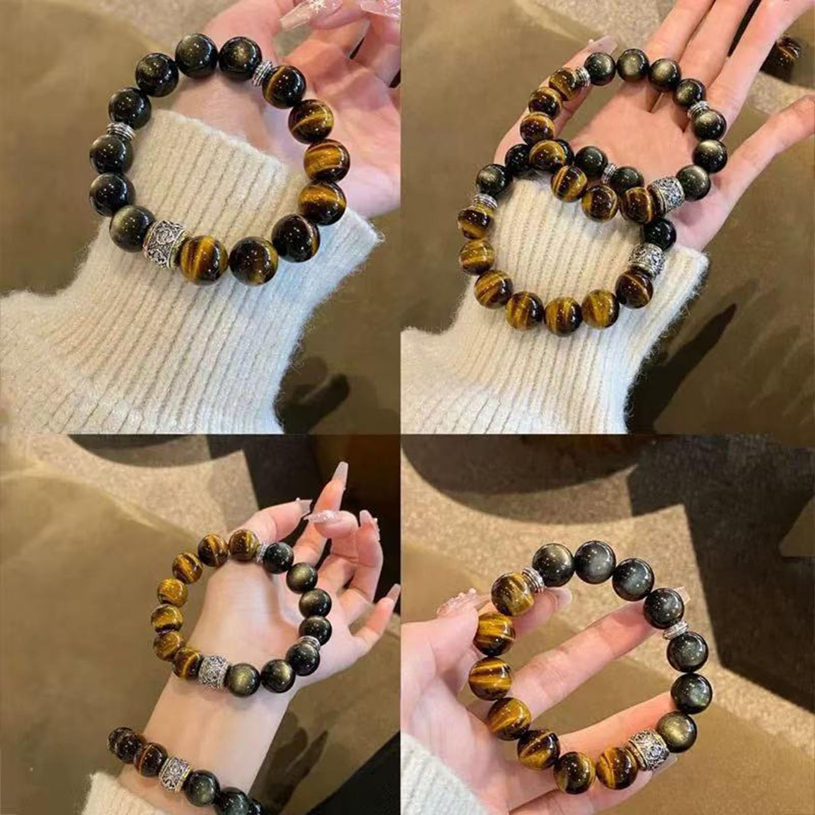 Bracciale in Ossidiana con Occhio di Tigre Giallo e lucentezza Dorata - Perline di Cristallo Nero e Marrone Dorato Naturale per Protezione e Sicurezza, Gioielli Elasticizzati,12MM