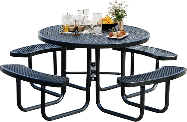 8-Person Picnic Tables for Outdoors, Industrial 46" Expanded Metal Round Picnic Table with 4 Benches & Umbrella Hole, Outside Table and Bench Set for Park, Garden, Backyard, Patio, Black