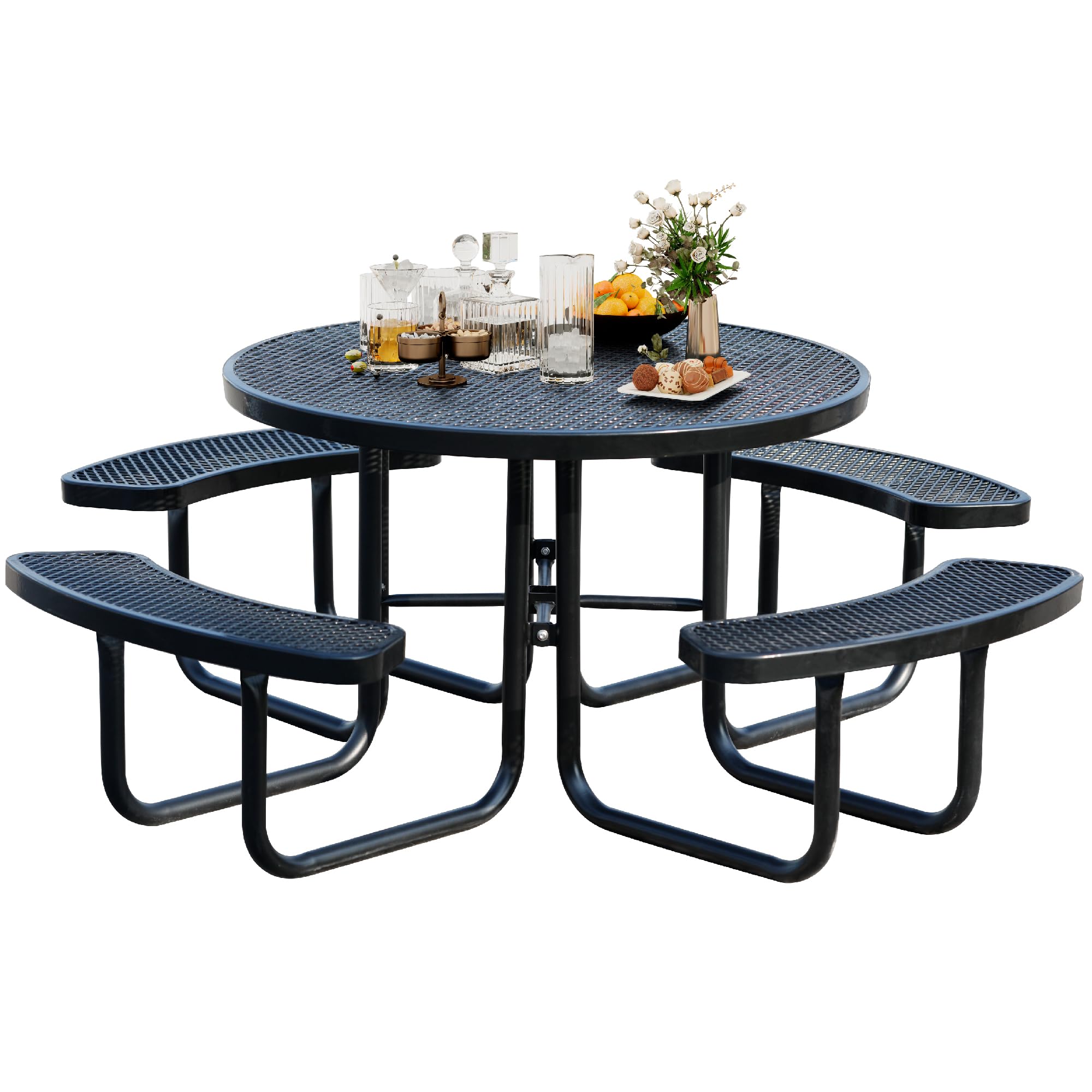 Sunnibety 8-Person Picnic Tables for Outdoors, Industrial 46" Expanded Metal Round Picnic Table with 4 Benches & Umbrella Hole, Outside Table and