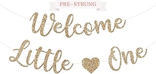 Pre-Strung Welcome Little One Banner - NO DIY - Gold Glitter Baby Shower Gender Reveal Party Banner in Script - Pre-Strung Garland on 6 ft Strand - Neutral Decorations & Decor. Did we Mention no DIY?