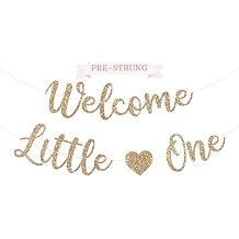 Pre-Strung Welcome Little One Banner - Gold Glitter Baby Shower Banner | No DIY - Pre-Strung on 6 ft Strand - Gold Glitter Baby Shower Gender Reveal Party Decorations & Decor