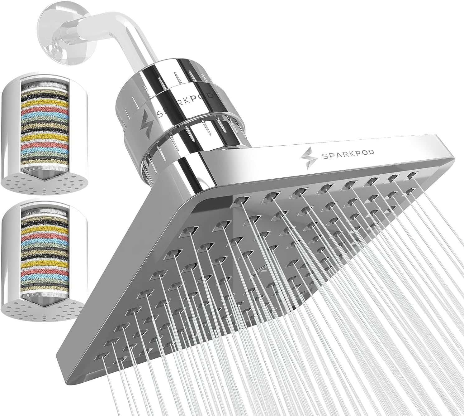 SparkPod Luxury Filtered Shower Head Set 23 Stage Shower Filter with 1 Extra Filter - Removes Chlorine and Heavy Metals - High Pressure Showerhead Filter (8" Square, Luxury Polished Chrome)