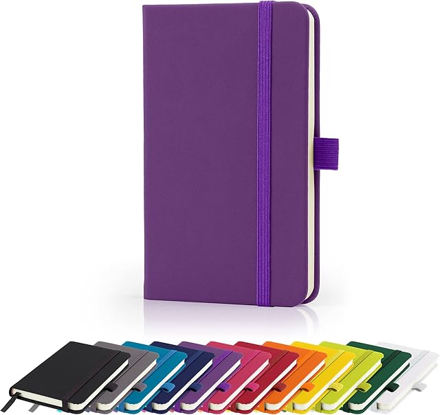 Premium A6 Notebook New Lined Pocket Hardback Small Journal with Pen Loop, Elastic Closure and Ribbon Marker 196 Pages / 98 Sheets Notepad Note Book Notes Pad (Purple)