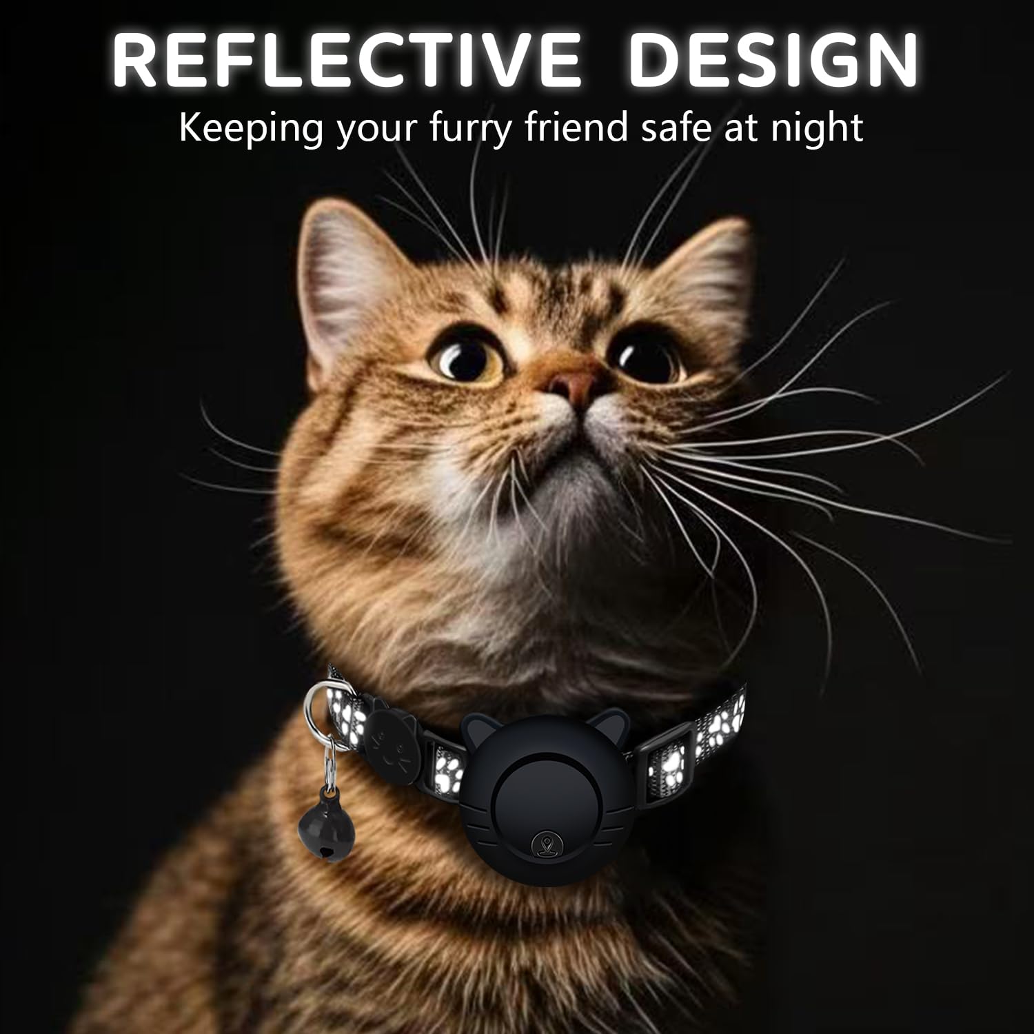 Waterproof Cat Tracker Collar with Airtag Finder | Apple Find My Compatible (iOS Only) | Breakaway Design with Reflective Pattern & Bell | Fits Neck Sizes 8-12" | Black - image 3