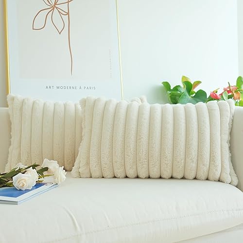 Miniatura 2 de JOJUSIS Paquete de 2 fundas de almohada decorativas de felpa de pelo sintético para sofá, fundas de almohada suaves (beige, 12 x 20 pulgadas)