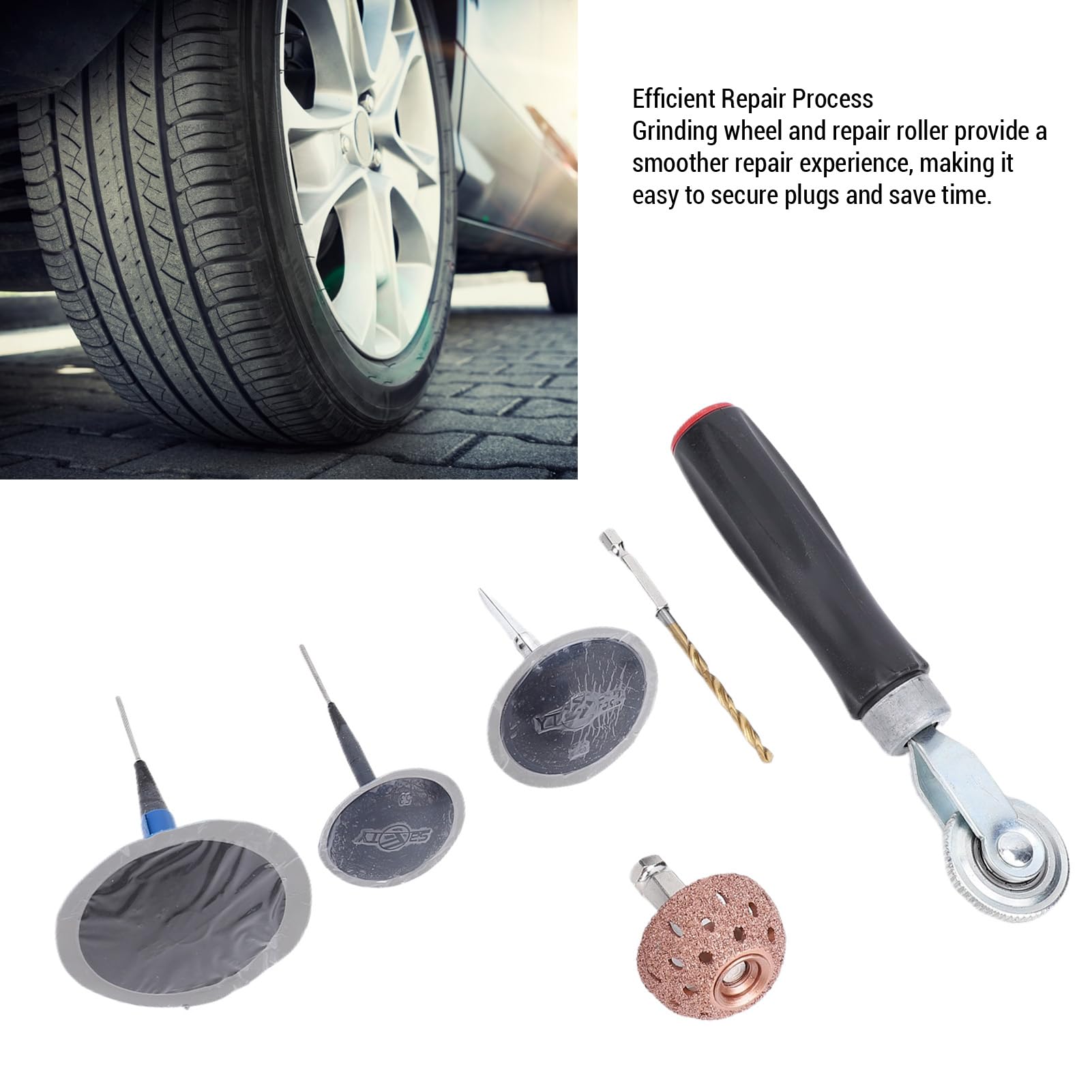 Reifen-Reparatur-Patch-Stecker-Set, Premium-Reifen-Reparatur-Patch-Werkzeug mit Polierscheibe und 4-mm-Bohrer für Fahrräder, Roller, ABS-Metall, 27-teilig