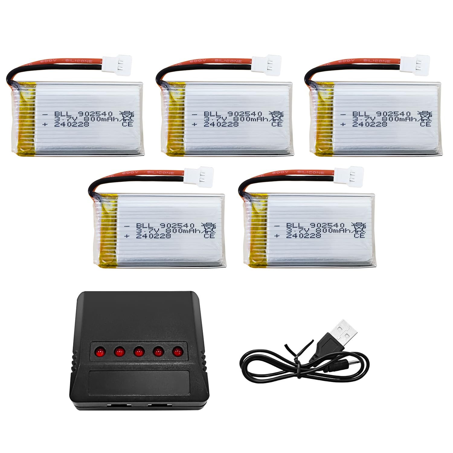 5PCS 3.7V 800mAh 小型ホワイト ヘッドリチウム電池 + 5 in1 充電器 に適合す Syma X5C X5SC X5SW V931 MJX X708W X709 UDI U45W U42W E32HWS5C 4軸航空機 模型飛行機、ドローン、グライダー、ヘリ用バッテリー