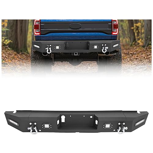 ‎KUAFU Rear Step Bumper Compatible with 2015-2020 Ford F150 F-150 Heavy Duty Pickup Truck Bumper W/D-rings, 4 X LED Lights, Sensor Holes, License Plate Bracket Steel Powder Coated Black