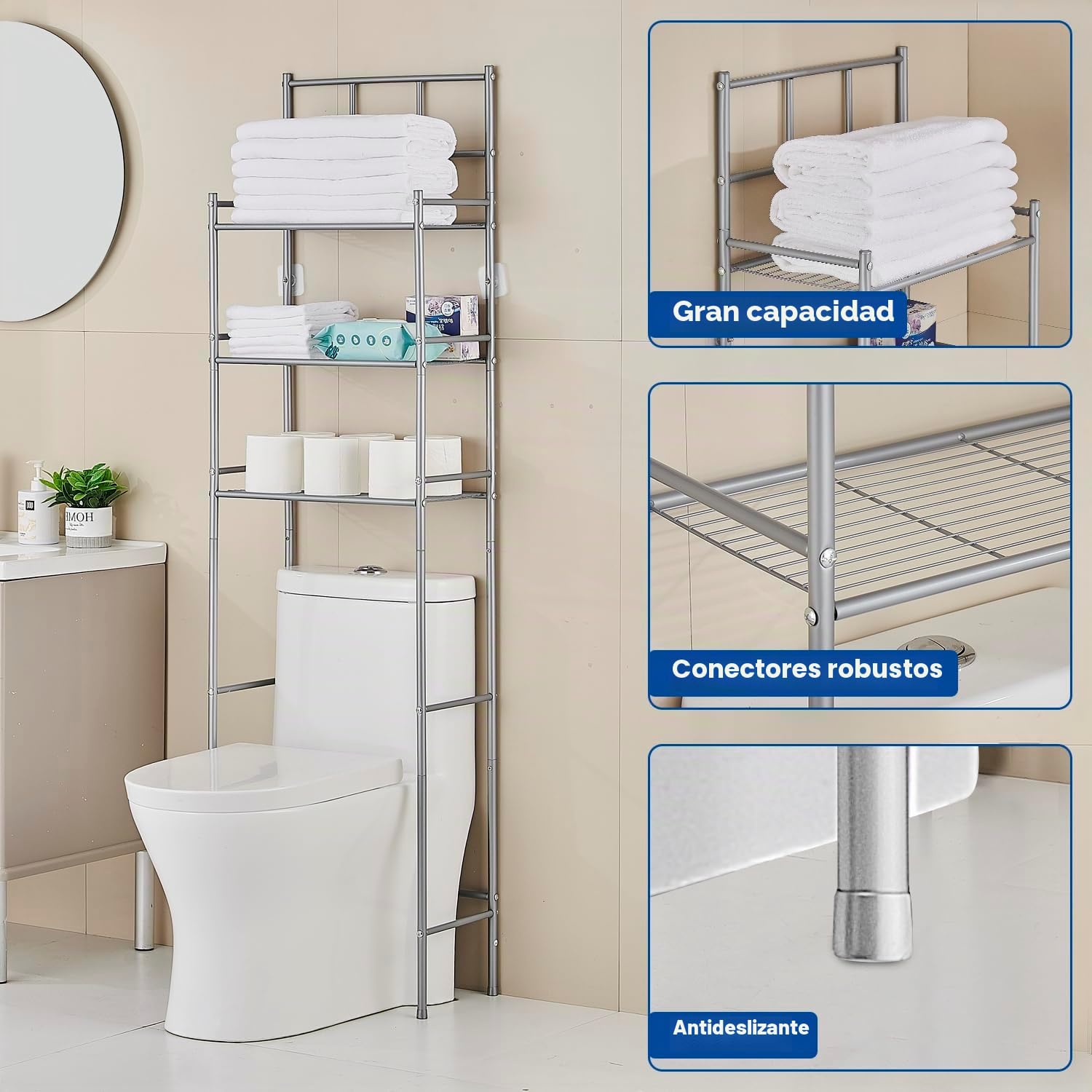 Estantería de Baño sobre Inodoro, 3 Niveles Mueble sobre Inodoro Armario, Estante de Almacenamiento de baño, Instalación Sin Taladros, Ahorra Espacio, Gris