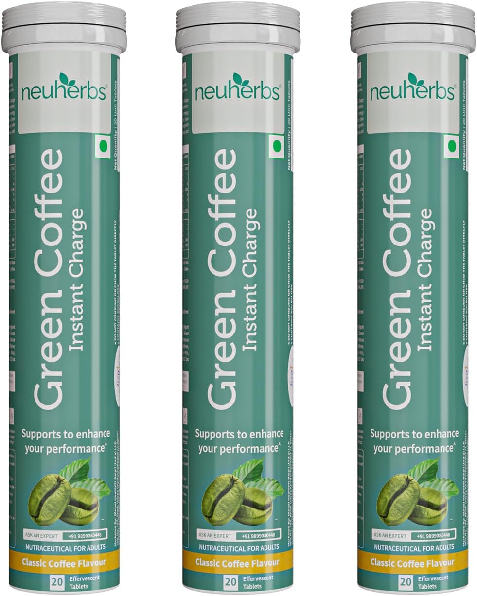 Neuherbs Plant Based Green Coffee Instant Charge in Classic Coffee Flavour 20 effervescent tablets | Boost Metabolism | Natural Caffeine - Pack of 3