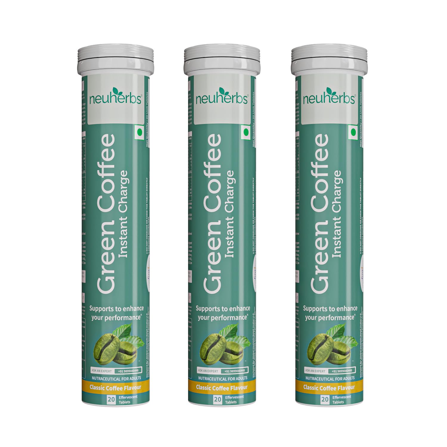 Neuherbs Plant Based Green Coffee Instant Charge in Classic Coffee Flavour 20 effervescent tablets | Boost Metabolism | Natural Caffeine - Pack of 3