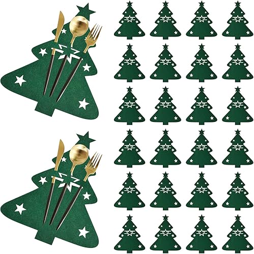 MOROBOR Soporte para cubiertos de Navidad, 24 piezas, soporte para cubiertos de Navidad, bolsa de cubiertos de Navidad verde, soporte para