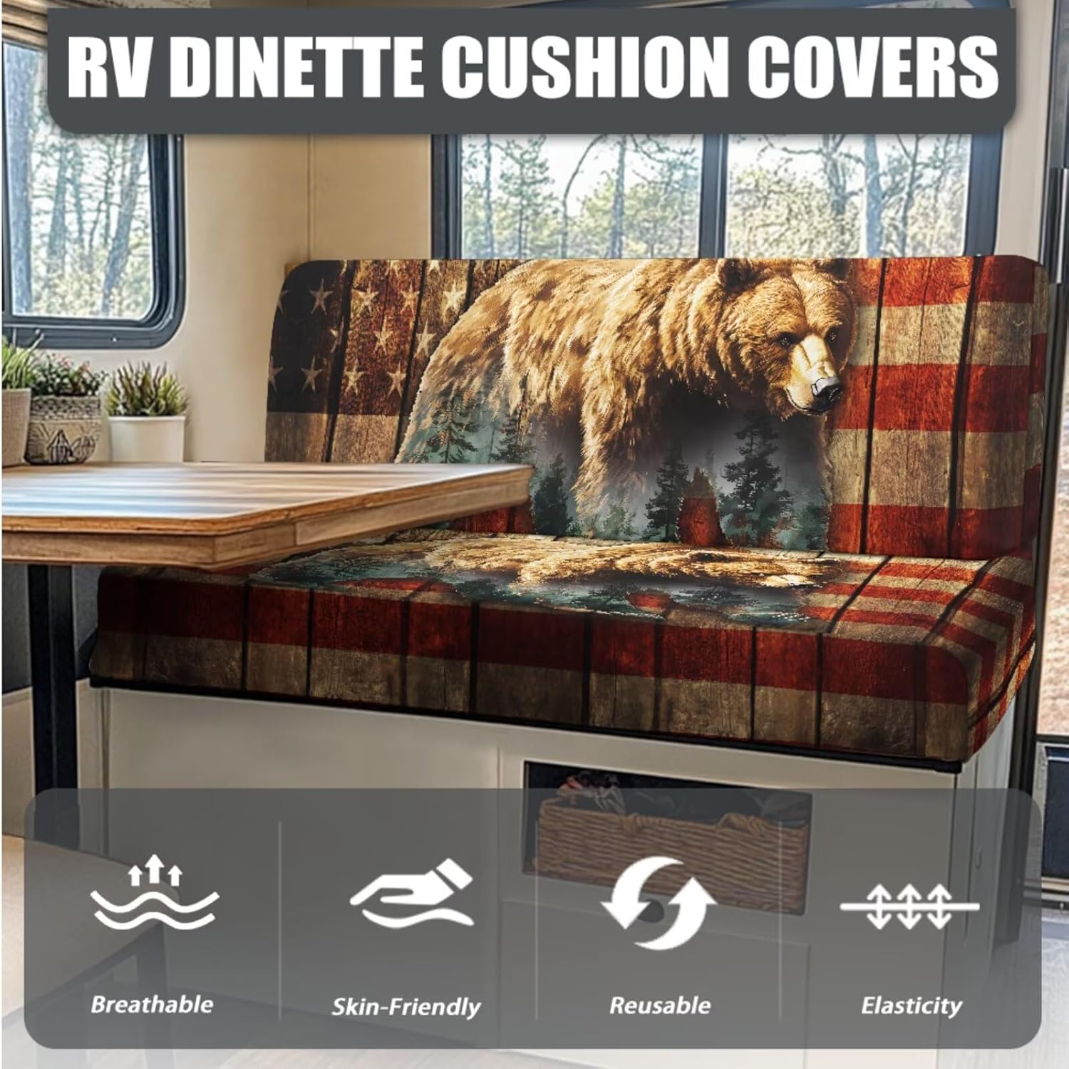 Bear American Flag Print RV Dinette Cushion Covers Wear-Resistan Camper Seat Covers Dinette Booth with Pillowcase, RV Couch Protector Include 1 Backrest Cover and 1 Bench Cover
