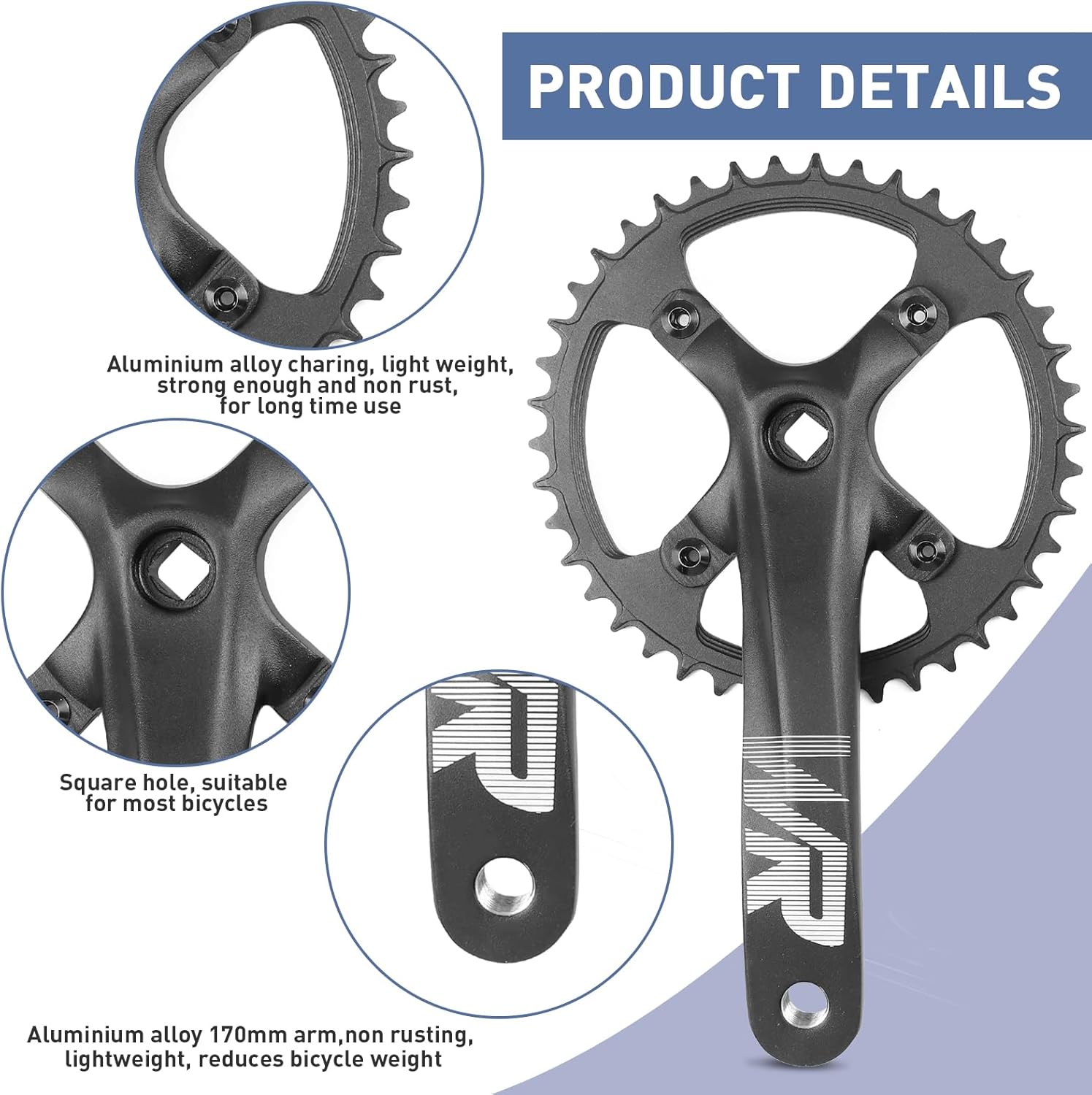 WEEROCK Mountain Bike Crankset Aluminium Alloy 1 Piece/Single 42T Charing Crank Set with 170mm Arm 104 BCD, Compatible with Single Speed Bicycle and 6/7/8/9/10/11 Speeds MTB Bike