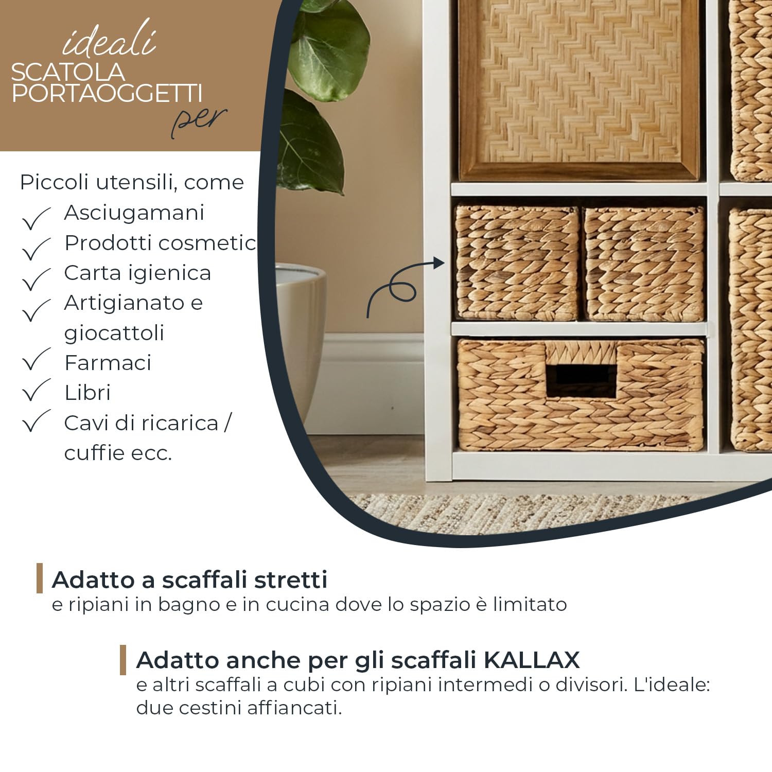HMF Cesto portaoggetti adatto per KALLAX mezzo scomparto, cesto intrecciato in giacinto d’acqua per bagno, cucina e zona giorno | Set da 2 | 38 x 15 x 14 cm | Naturale