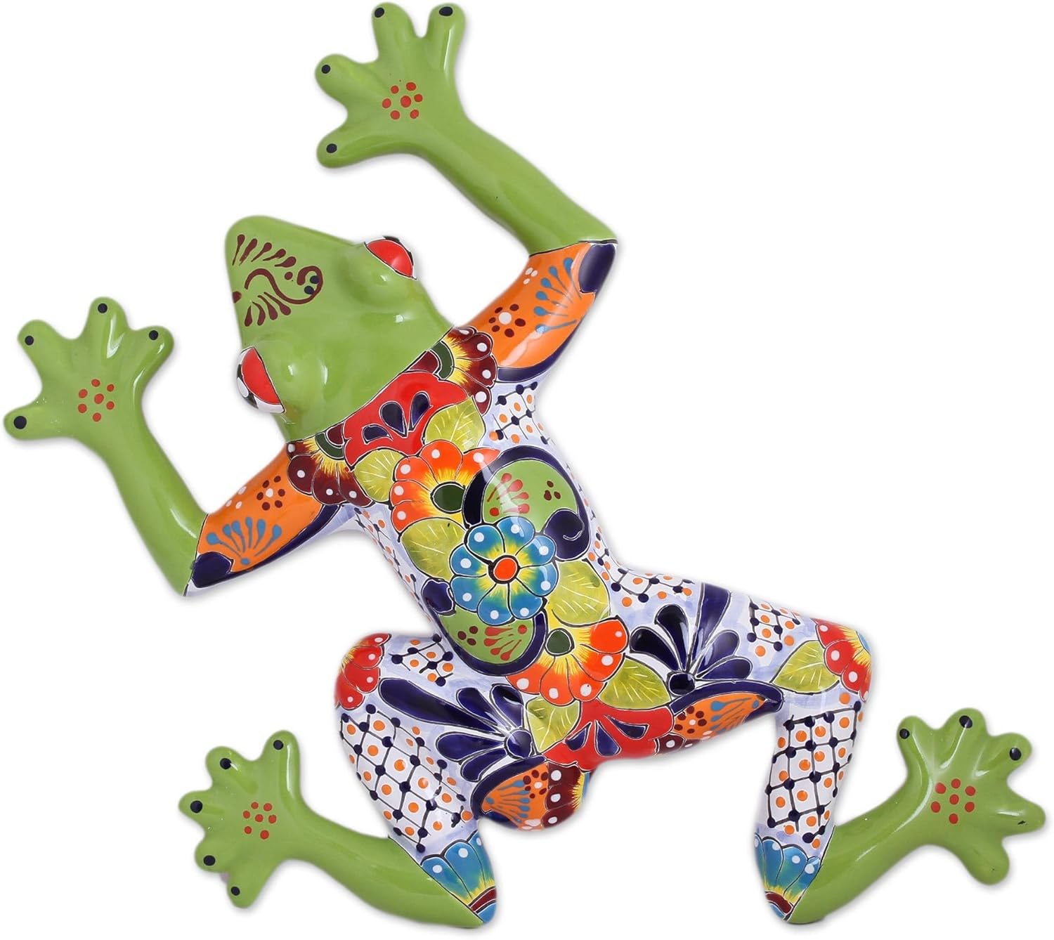 NOVICA Artisan Handmade Ceramic Wall Sculpture Handpainted Tree Frog from Mexico Multicolor Decor Art Floral Talavera Turtlefrog [14in H x 18in W x 3.6in D] ' Vibrant Frog'