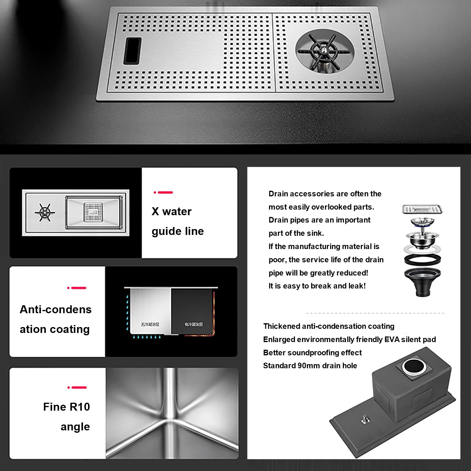 Lavabo Acero Inoxidable con Enjuagador de Vasos, Lavavasos de Encastre para Fregadero de Cocina, Componentes de Drenaje, Ideal para Bares, Cafeterías, Cocinas