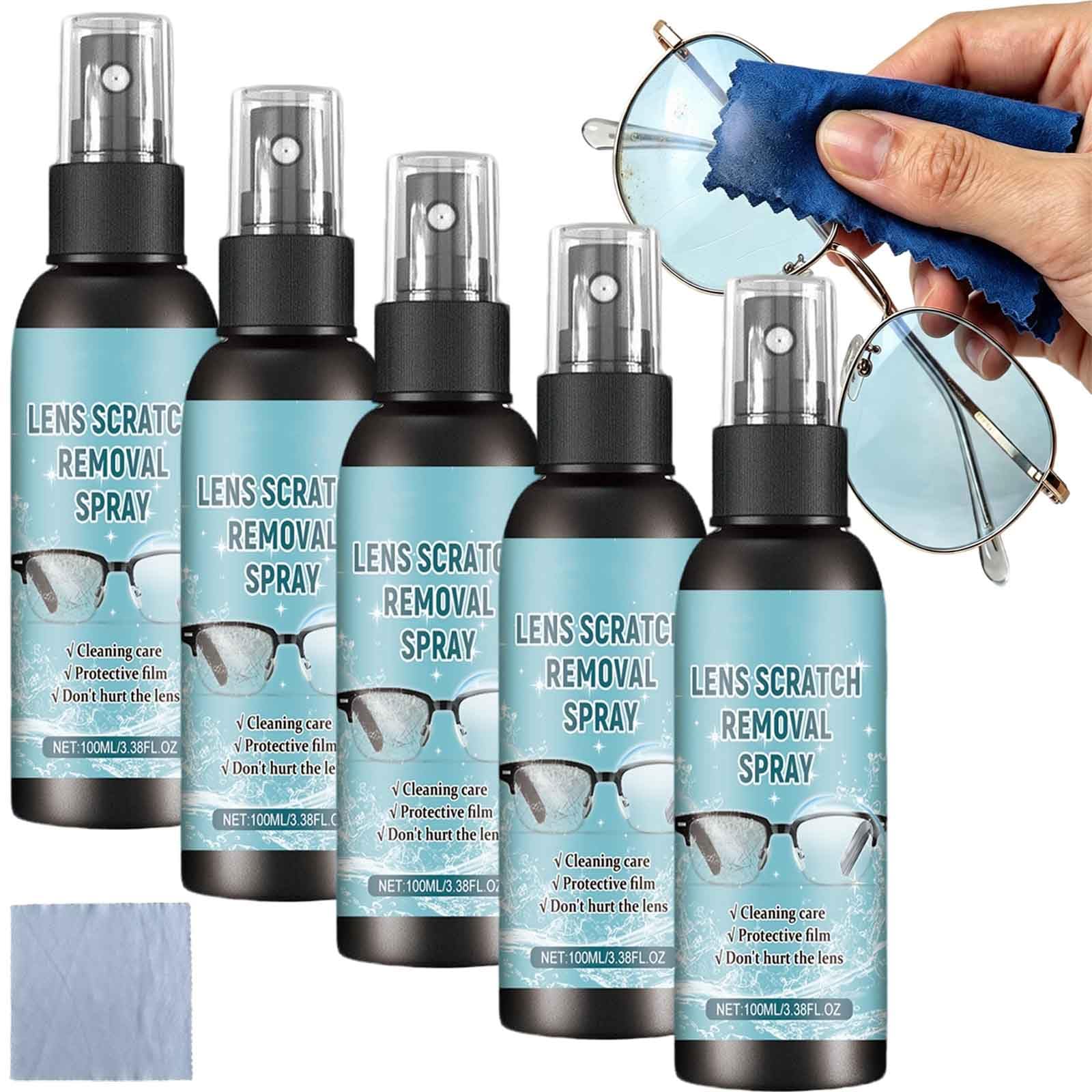 Kit de eliminación de arañazos de gafas, 100 ml, limpiador de lentes transparente, limpiador de lentes menores, limpiador de lentes portátil multiusos sin (5 unidades)