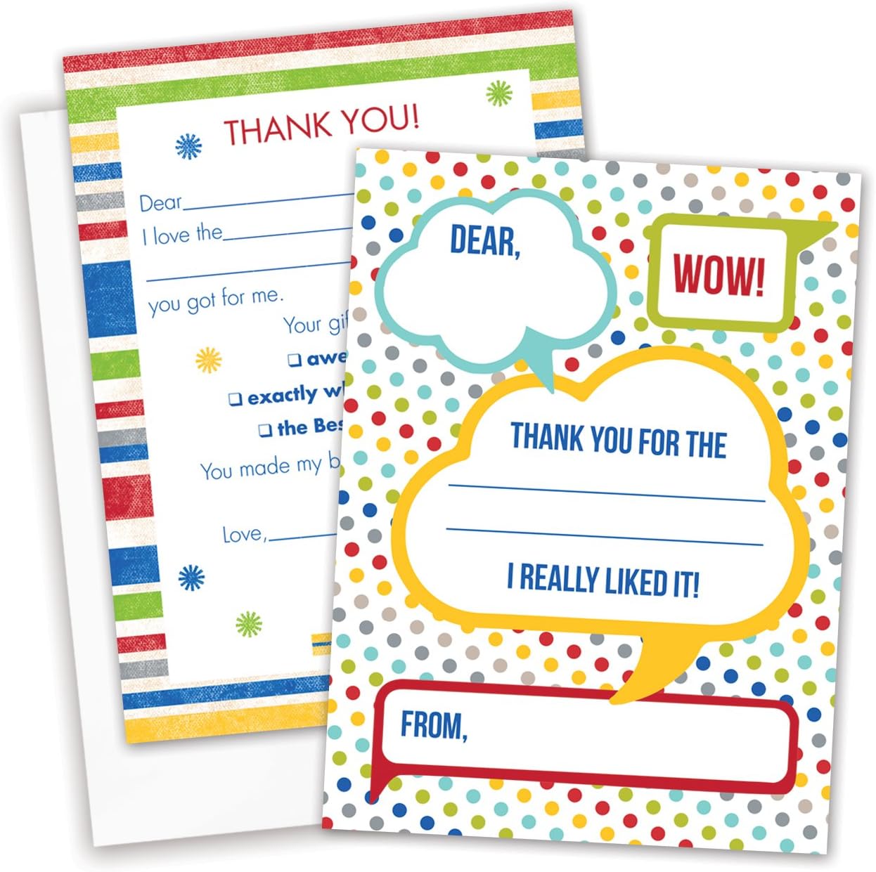 Canopy Street Dots and Stripes Kids Thank You Note Card Pack / 20 Fill In Childrens Colorful Thanks Cards With White Envelopes / 4 5/8" x 6 1/4" Kid Birthday Party Thank You - Image 7
