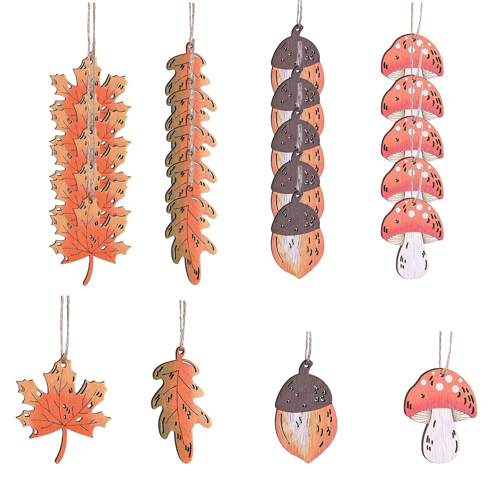 24 Pcs Autumn Tree Decorations,Autumn Home Decor,Maple Leaf Leaves,Mushroom And Acorn,Wooden Harvest Hanging Tree Ornaments Crafts,for Fall Thanksgiving Pendant,Halloween Decoration,Holiday Party Gift