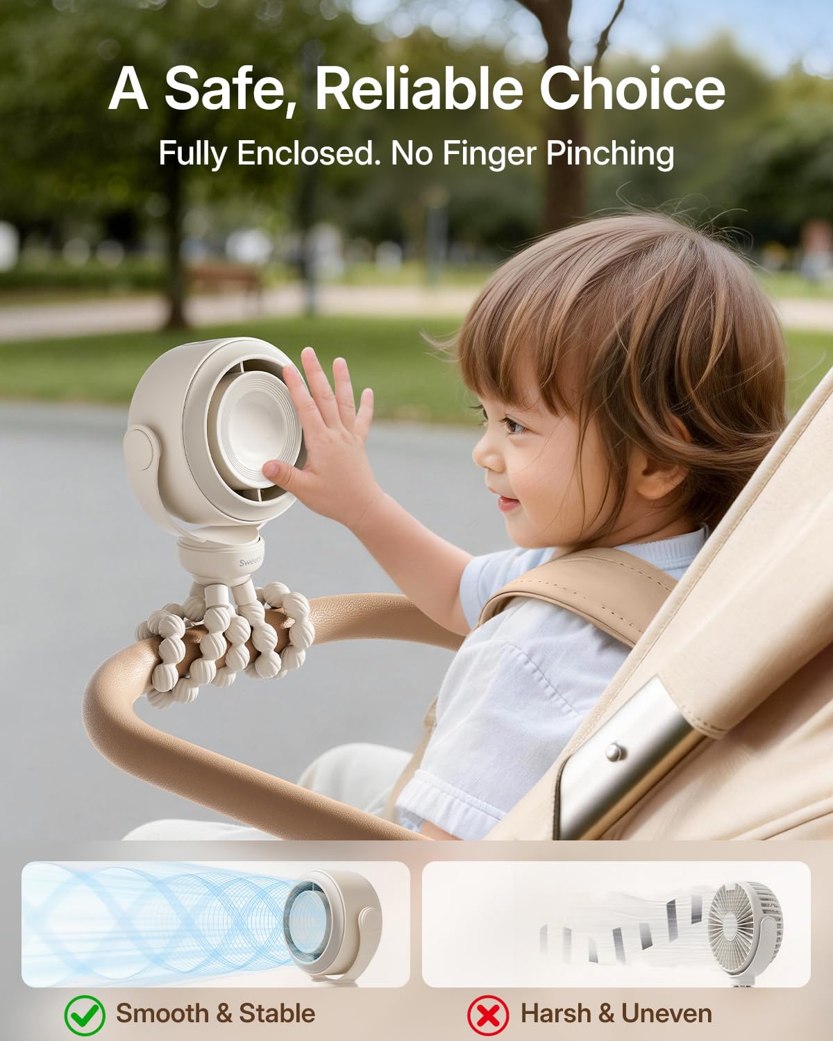SWEETFULL Tragbarer Mini Kinderwagen Ventilator, Clip-Ventilator für Kinderwagen,Wiederaufladbarer USB-Ventilator, 5 Geschwindigkeiten 360° drehbar,für Kinderwagen, Reisen, Autositz, Büro, Creme