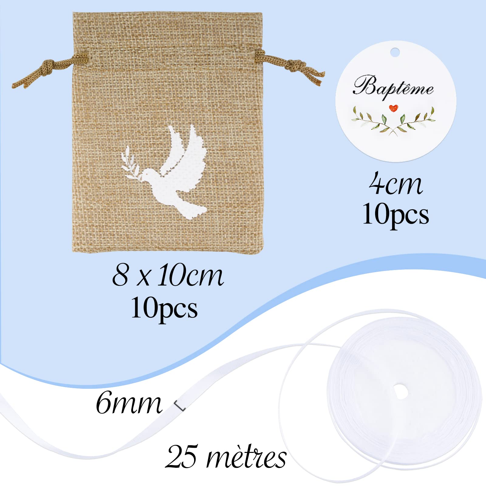 10Pcs Sachet Jute 10Pcs Etiquette Baptême Pochette Dragée Motif Colombe 10 * 8cm Cadeau Invité Décoration pour Baptême avec Ruban