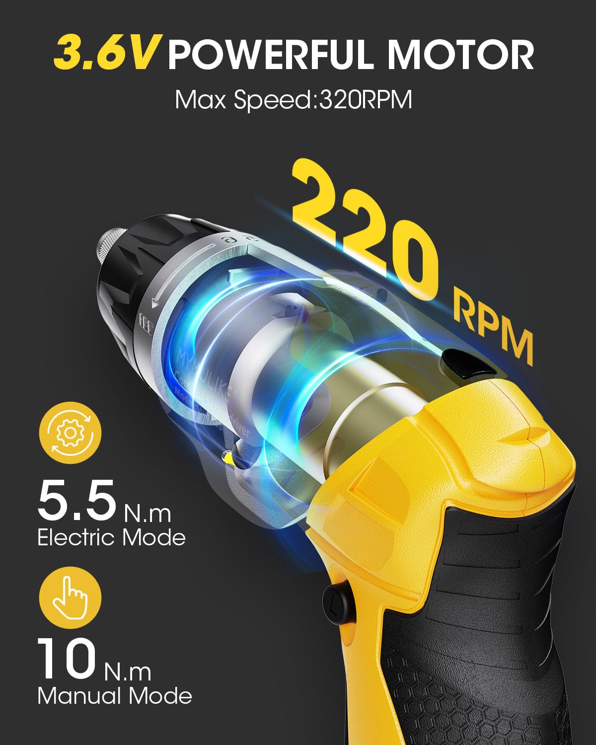 Electric Screwdriver, 6+1Torque Cordless Screwdriver 2000mAh 3.6V with 47 Accessories, LED Light and Rear Flashlight - Image 2