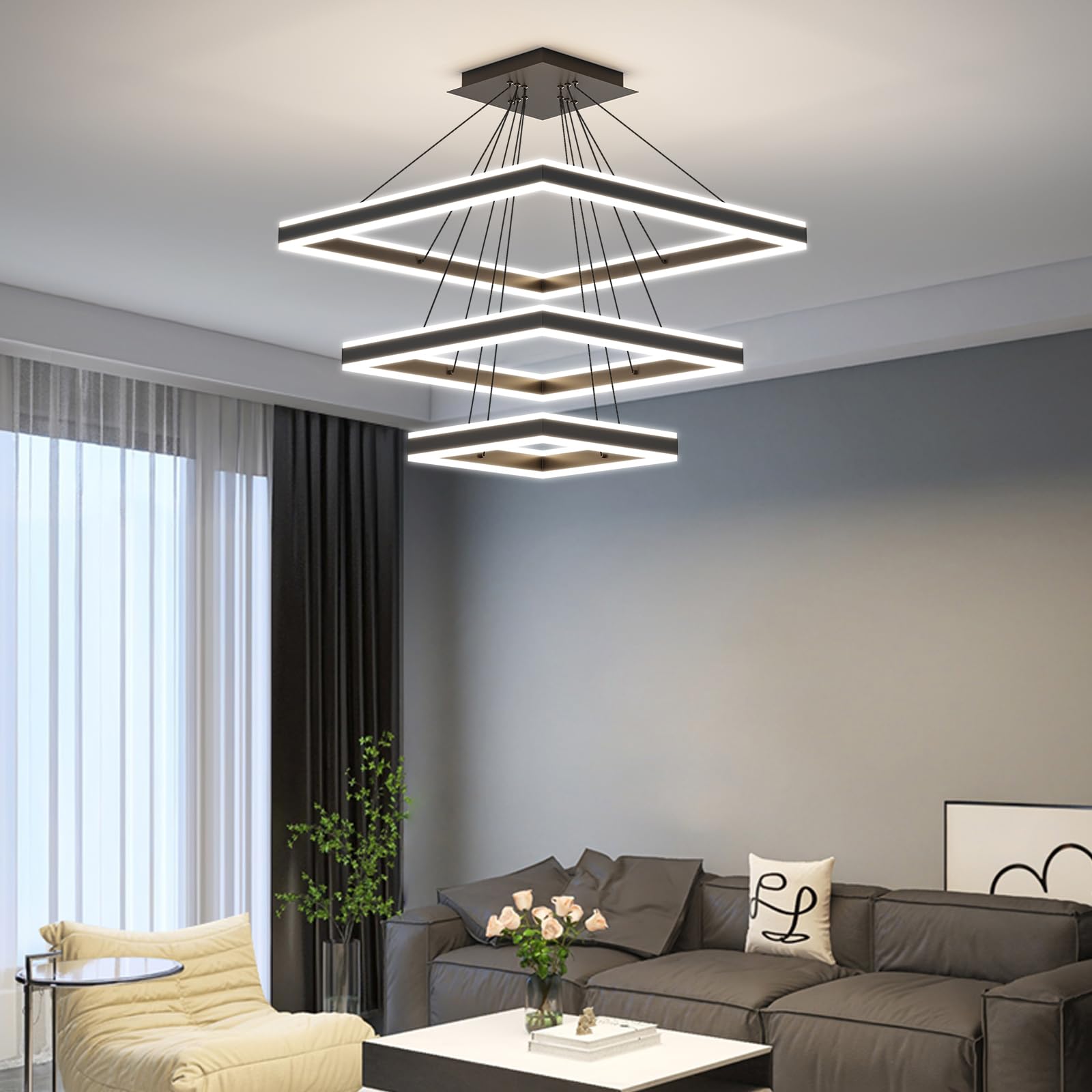 Modern Ceiling Pendant Light, 3 Layer Square Black LED Chandelier for Dining Room Table, Dimmable 3000K-6500K, Adjustable Height Kitchen Island Hanging Lighting Fixture for Living Room Bedroom Bar โ image 1