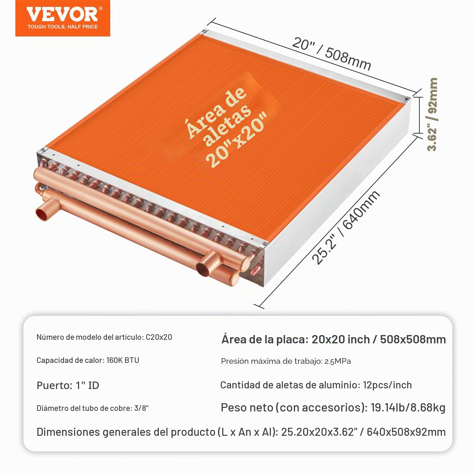 VEVOR Intercambiador de Calor Agua a Aire, con Puertos de Cobre de 3 Filas, 242 Aletas de Aluminio para Hornos de Madera al Aire Libre, Calefacción y Refrigeración Residencial, 640 x 508 x 92 mm