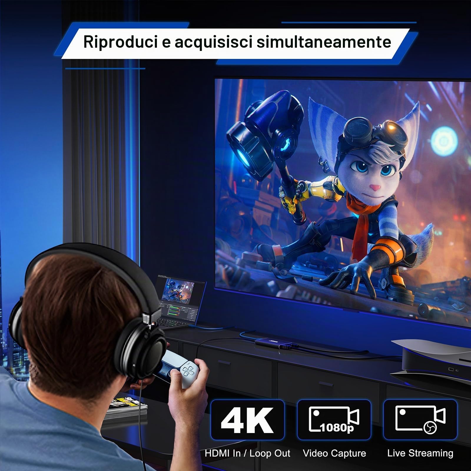 PORTTA Scheda di acquisizione video HDMI, streaming e registrazione in 1080P60 con latenza ultra bassa, ingresso/uscita loop HDMI 4K, USB 3.0 per PC compatibile con videocamera/PS4/PS5/OBS