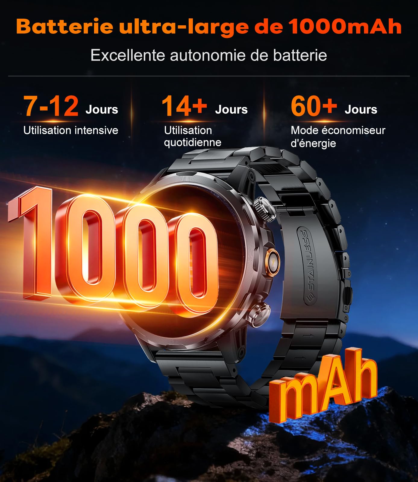 LIGE 1000 mAh Batterie Montre Connectée Homme, Smartwatch Sport avec LED Lampe Militaire, 1,85″ HD Appel Bluetooth, 100+ Modes Sport,Fréquence Cardiaque/Sommeil, 5ATM Montre Android/iOS, Gris Bleu