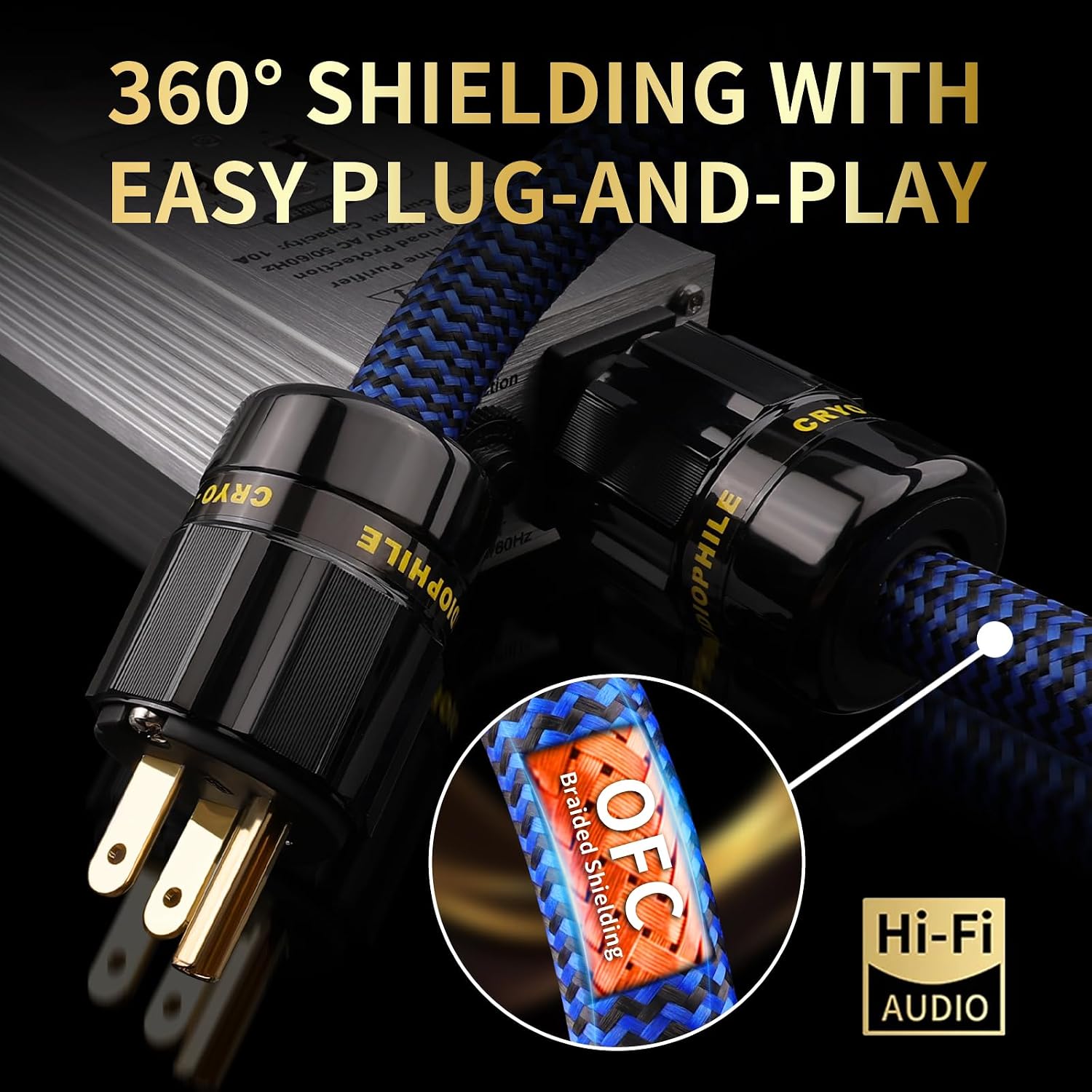 6N OCC Audiophile Power Cable for Amplifier 3.3ft | 24K Gold-Plated Plug, OFC Braided Shielding, NEMA 5-15P to C15 IEC Connector, Hi-Fi Audio Power Cord for Amp & Speaker System