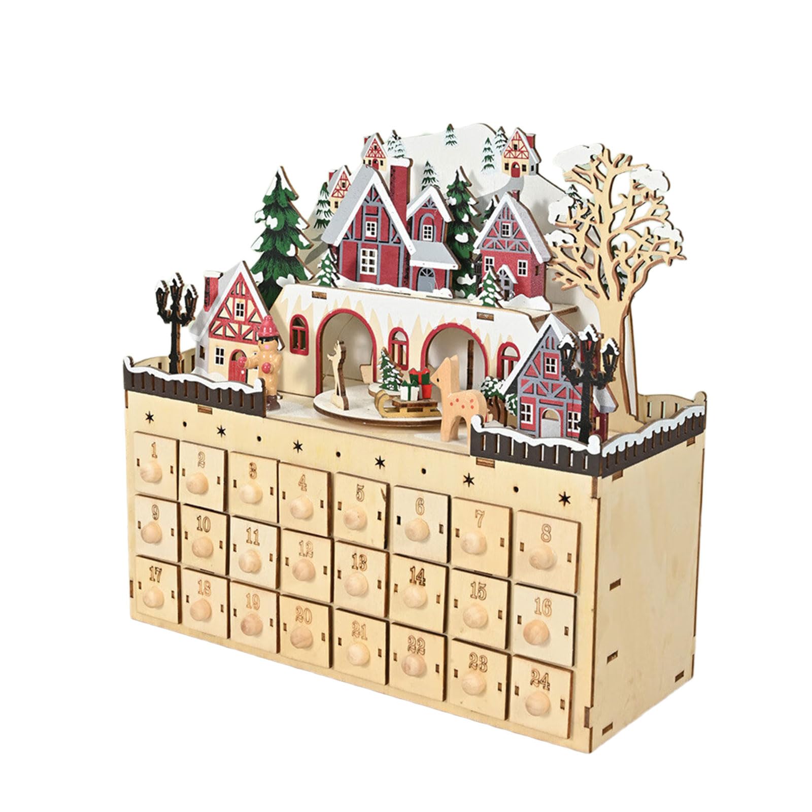Gabinete de Madera con Calendario de Cuenta Regresiva de Navidad con 24 cajones de Almacenamiento en Miniatura, Adorno de casa de Pueblo, gabinete de Calendario de Adviento de Madera