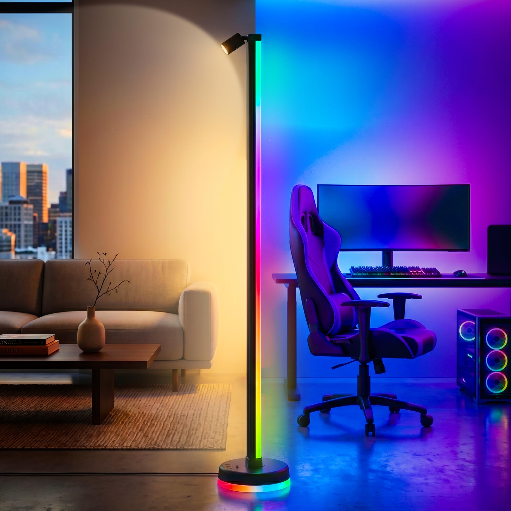 RGBICWW LED Stehlampe Wohnzimmer Dimmbar mit Leselampe 149,7cm | 16 Mio. Farben, 270° Licht, App & Fernbedienung, Musik-Sync, Timer für Schlafzimmer & Gaming, Lineora-02
