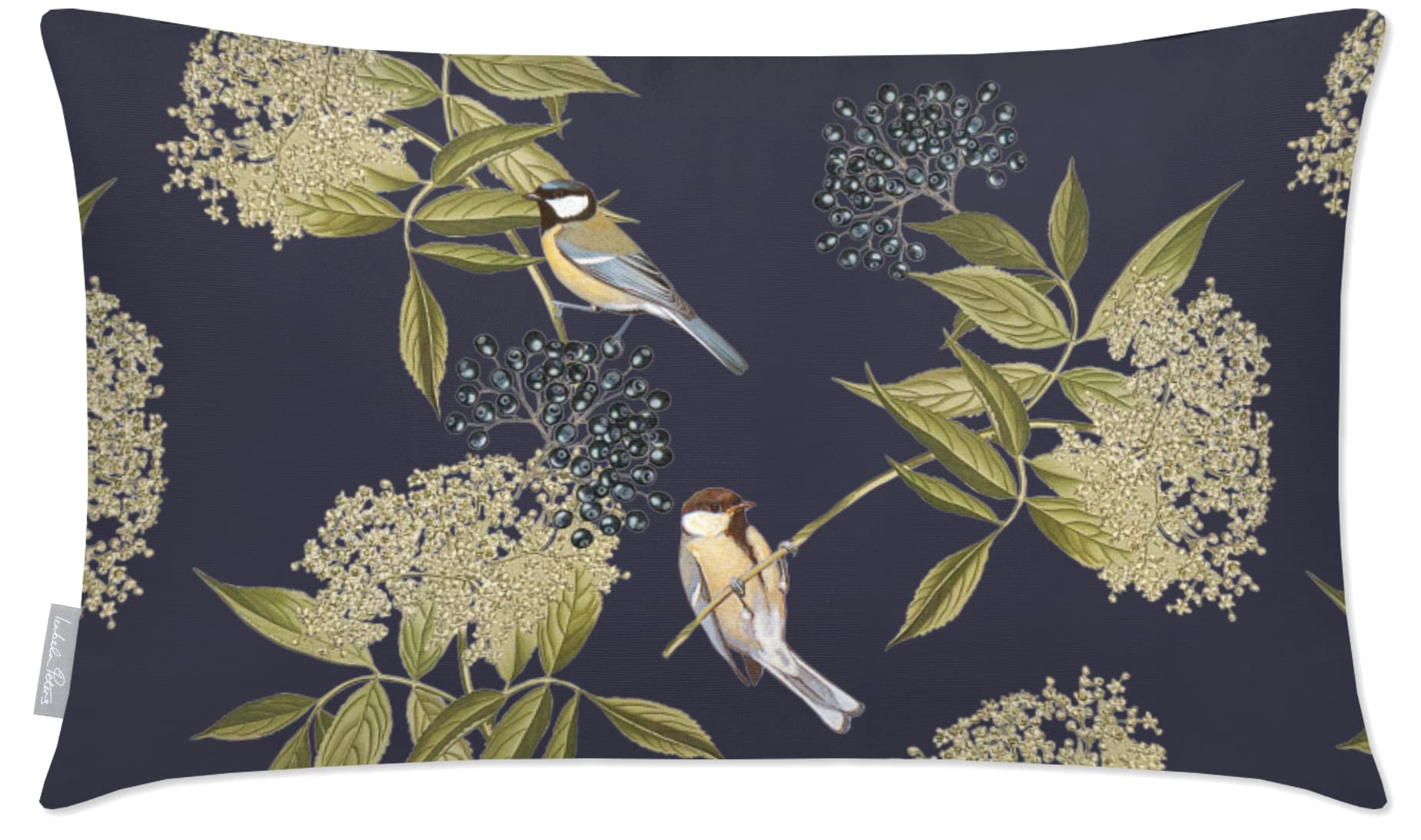 Izabela Peters Bird On Elderflower - Graphite Outdoor Cushions Waterproof, 55 X 35 Cm, Filled, Garden Furniture Cushions