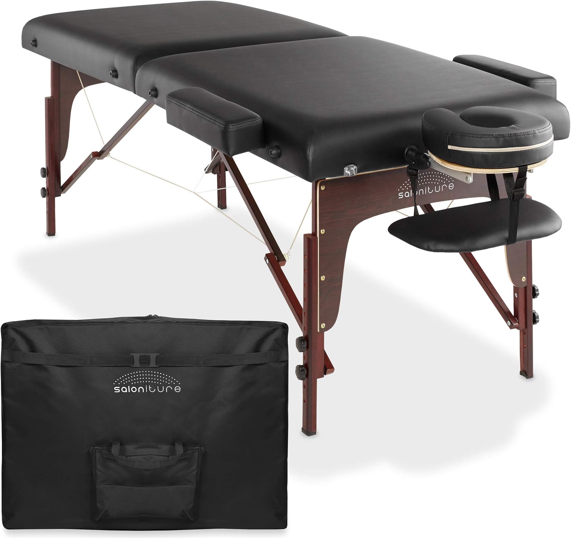 Saloniture Professional Portable Lightweight Bi-Fold Memory Foam Massage Table with Reiki Panels - Includes Headrest, Face Cradle, Armrests and Carrying Case - Black