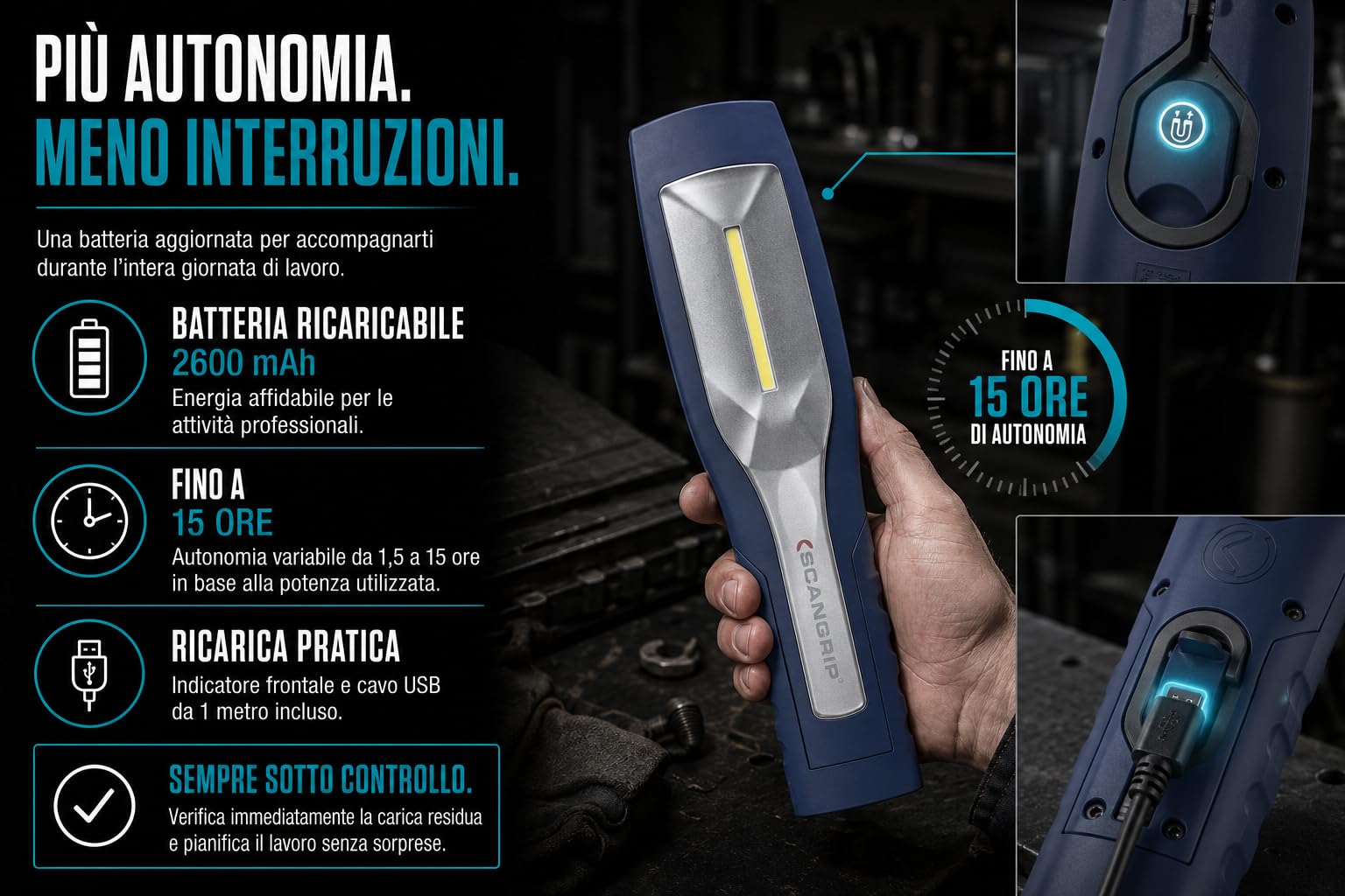 Scangrip MAG PRO Lampada LED 600lm Dimmerabile, Ricaricabile, IP54 | Dimmerabile in modo continuo, 600 lumen, tipo: