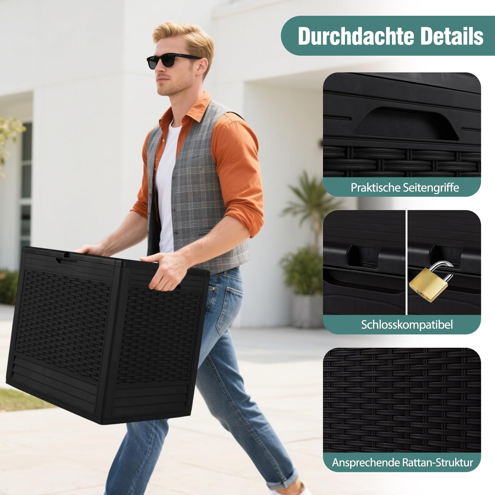 COSTWAY Gartenbox 96 L, Auflagenbox mit abschließbarem Deckel & Rattanoptik, wetterfeste Aufbewahrungsbox Kissenbox für Poolzubehör, Gartengeräte, Paketzustellung, Terrassenkissen (Schwarz)