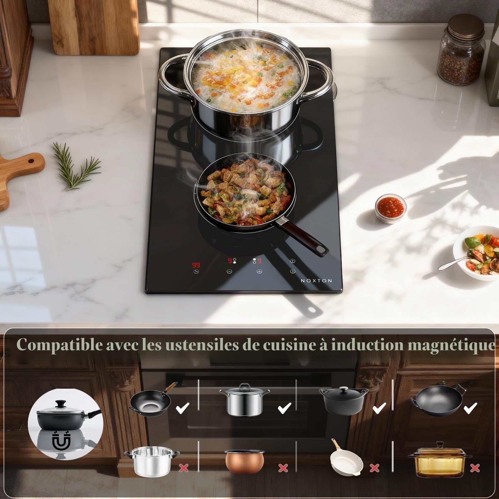 NOXTON Plaque Induction 2 Feux 30 cm 3500W avec Prise VDE, Commande Tactile, Minuterie 220-240V