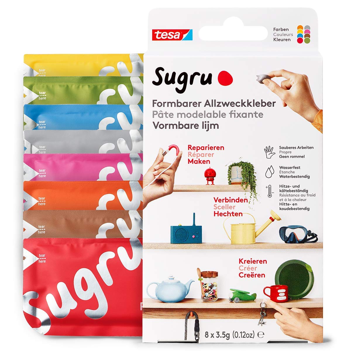 Sugru by tesa - Malleable All-Purpose Glue, 8 Pack, 8 x 3.5 g, Multicoloured - Versatile Adhesive Clay - for Decorating, Gluing, Repairing and Creative DIY Applications