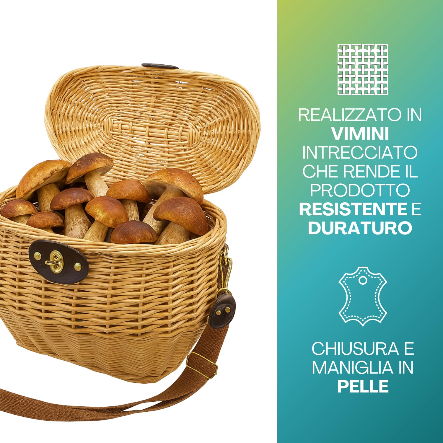 Virsus Cesta in Vimini con Tracolla per Funghi, misura 31x27x28cm, cestino con coperchio, tracolla in pelle regolabile, per picnic e raccolta tartufi, castagne, frutti di bosco -1815