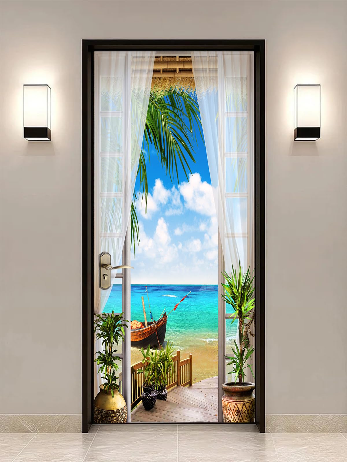 FLFK 3D Vista mare Autoadesiva Adesivo per porta 77x200cm(Set di 2 fogli)-Murale Foto Adesivo da parete decalcomania Salotto Camera da letto arredamento